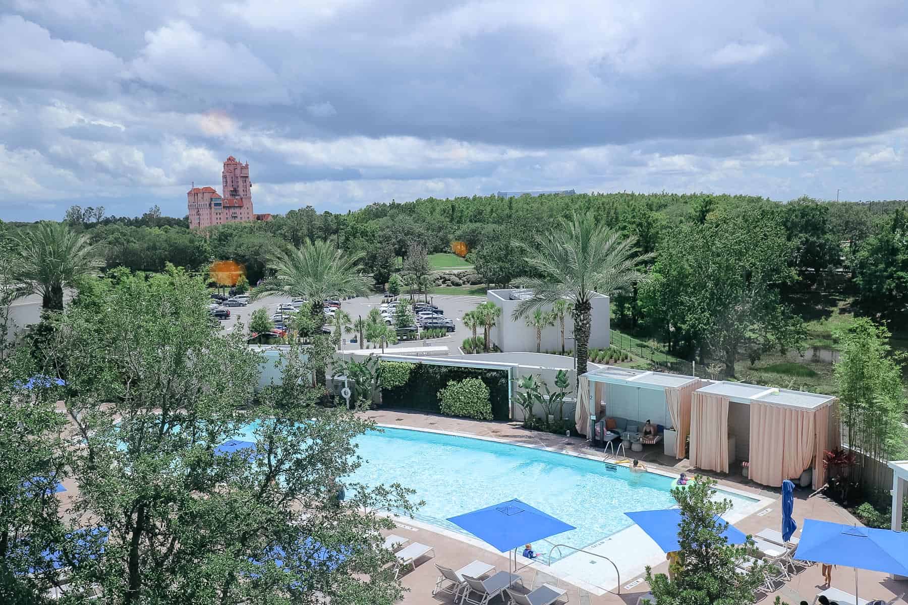 a pool view room from a Marriott near Disney World looking toward the Twilight Zone Tower of Terror