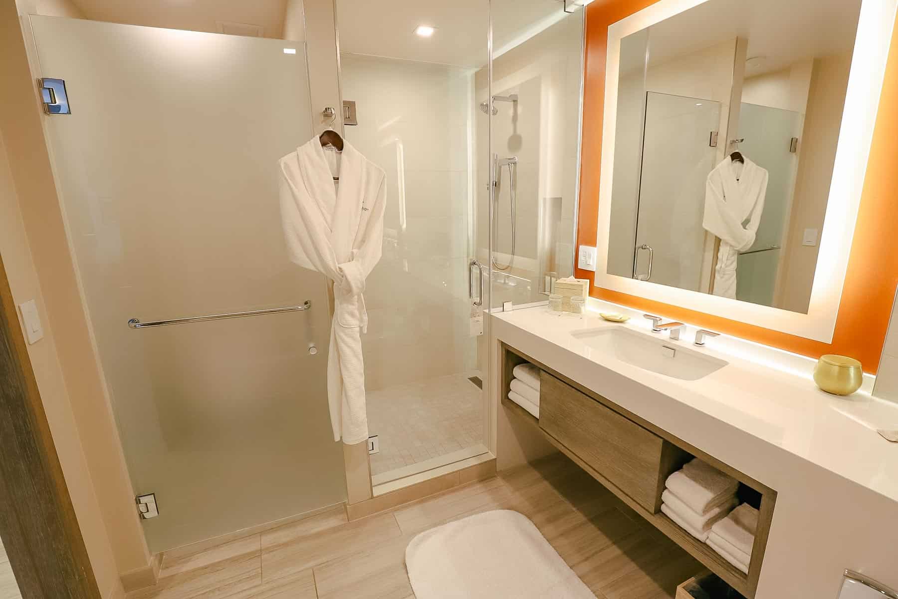 Walk-in Shower and plush robe ina Marriott Hotel near Disney World