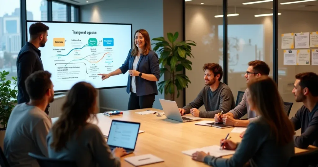 Facilitador guiando membros de comunidade em reunião colaborativa