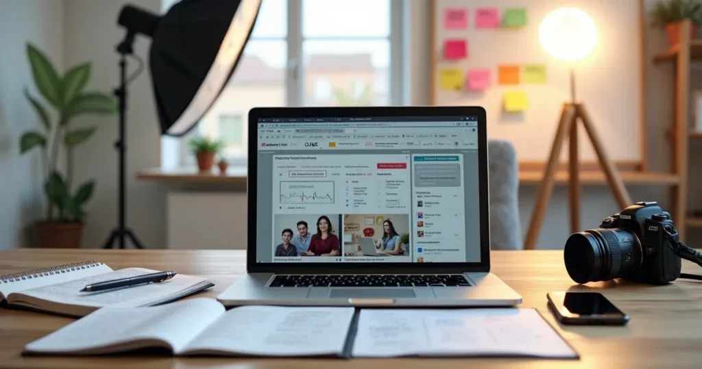 Pessoa criando infoproduto no notebook com anotações e câmera ao lado