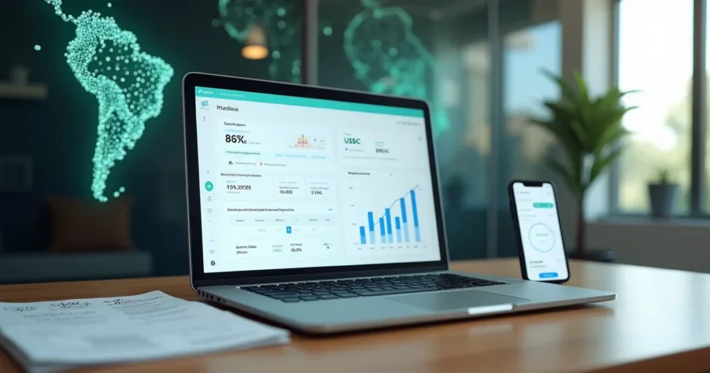 Tela de computador exibindo painel de pagamentos digitais em reais e USDC