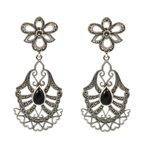 Ασημένια 925 μαρκασίτη παραδοσιακά σκουλαρίκια με μαύρο όνυχα για αυτί