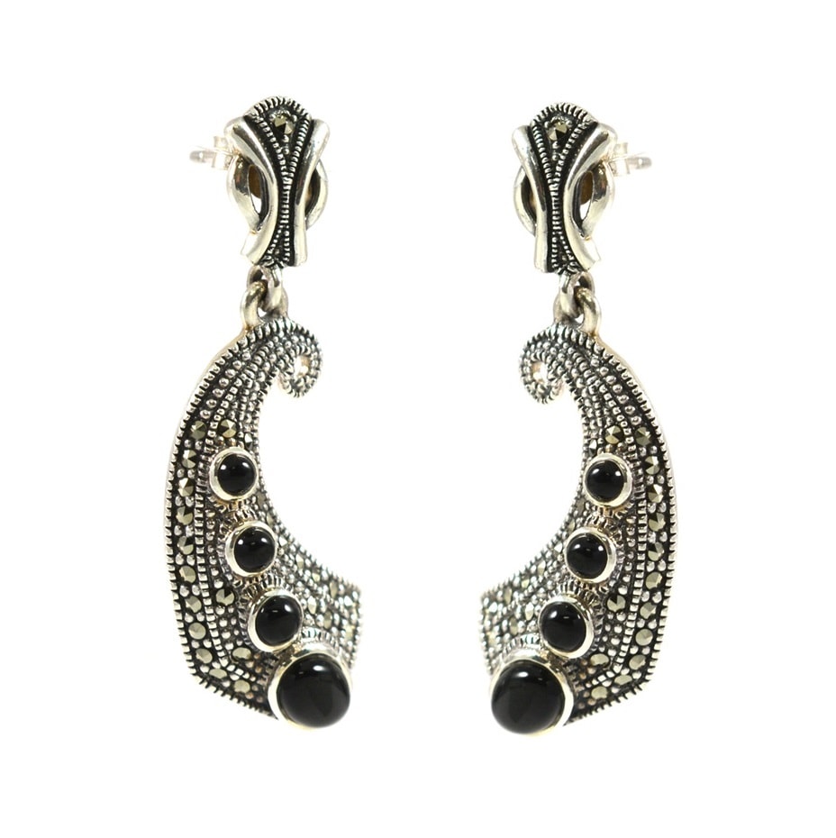 Ασημένια 925 μαρκασίτη παραδοσιακά σκουλαρίκια με μαύρο όνυχα για αυτί