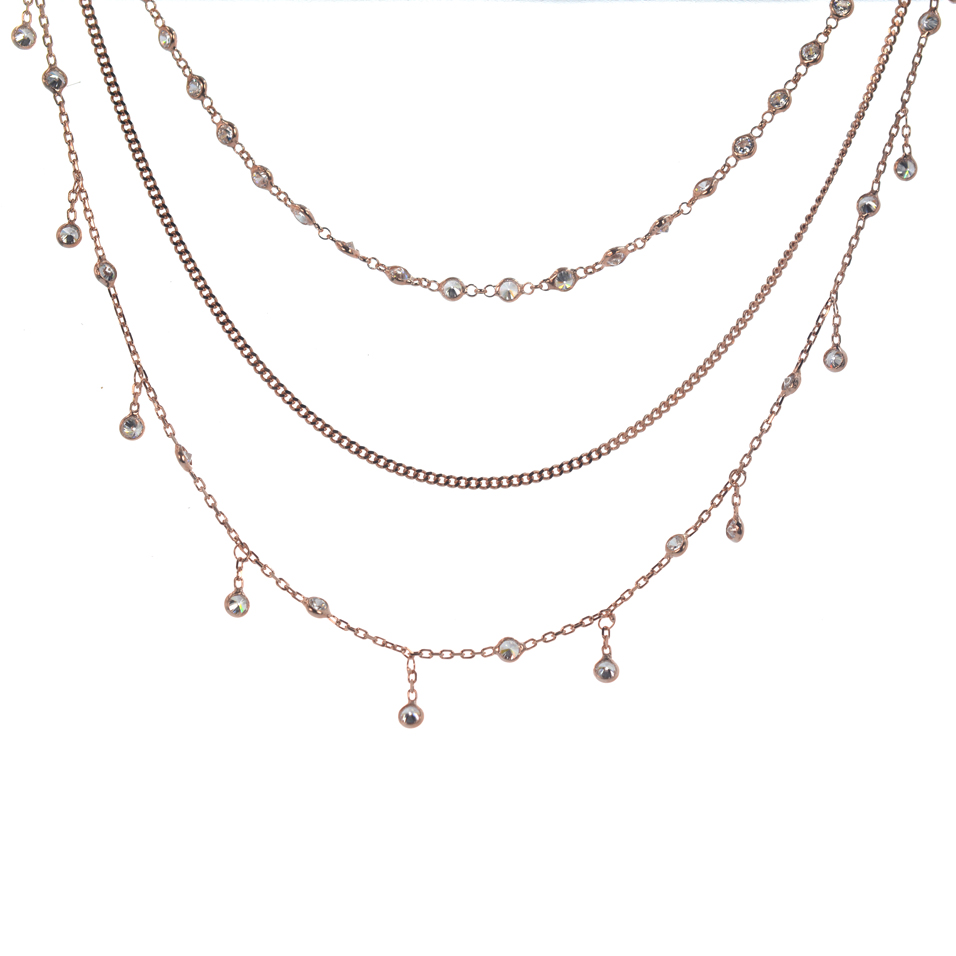 Ασημένιο 925 ρόζ χρυσό τριπλή σειρά κολιέ