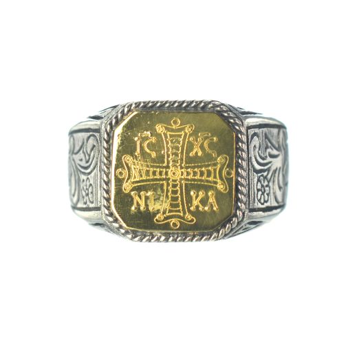 Ασημένιο 925 και χρυσό 22Κ δαχτυλίδι Ιησούς Χριστός Νικά