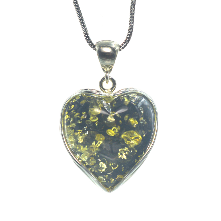 Ασημένια 925 καρδιά από πράσινο κεχριμπάρι