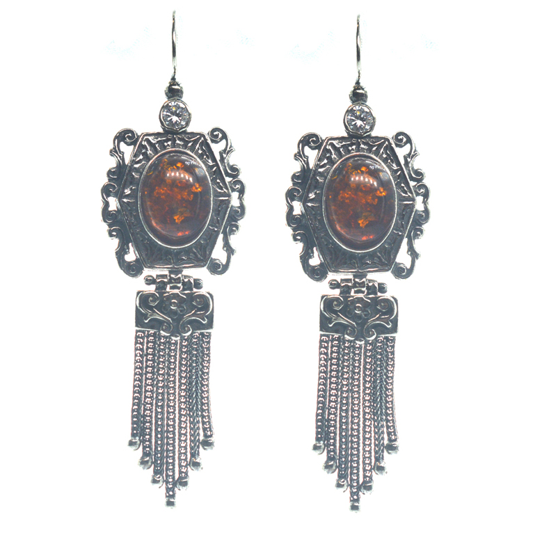 Ασημένια 925 Αλυσιδωτά Σκουλαρίκια με Κεχριμπάρι