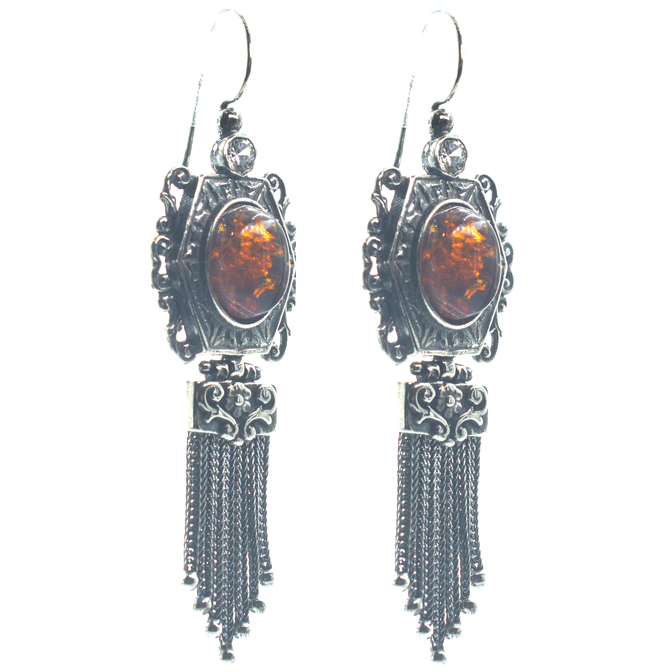 Ασημένια 925 Αλυσιδωτά Σκουλαρίκια με Κεχριμπάρι - Image 2