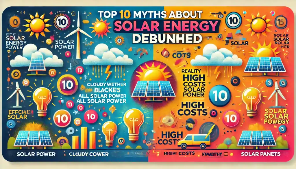 A colorful infographic debunking common myths about solar energy, highlighting high costs and cloudy weather misconceptions.