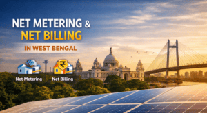 Net metering and net billing rooftop solar system in West Bengal with solar panels, Kolkata skyline and WBSEDCL grid connection concept
