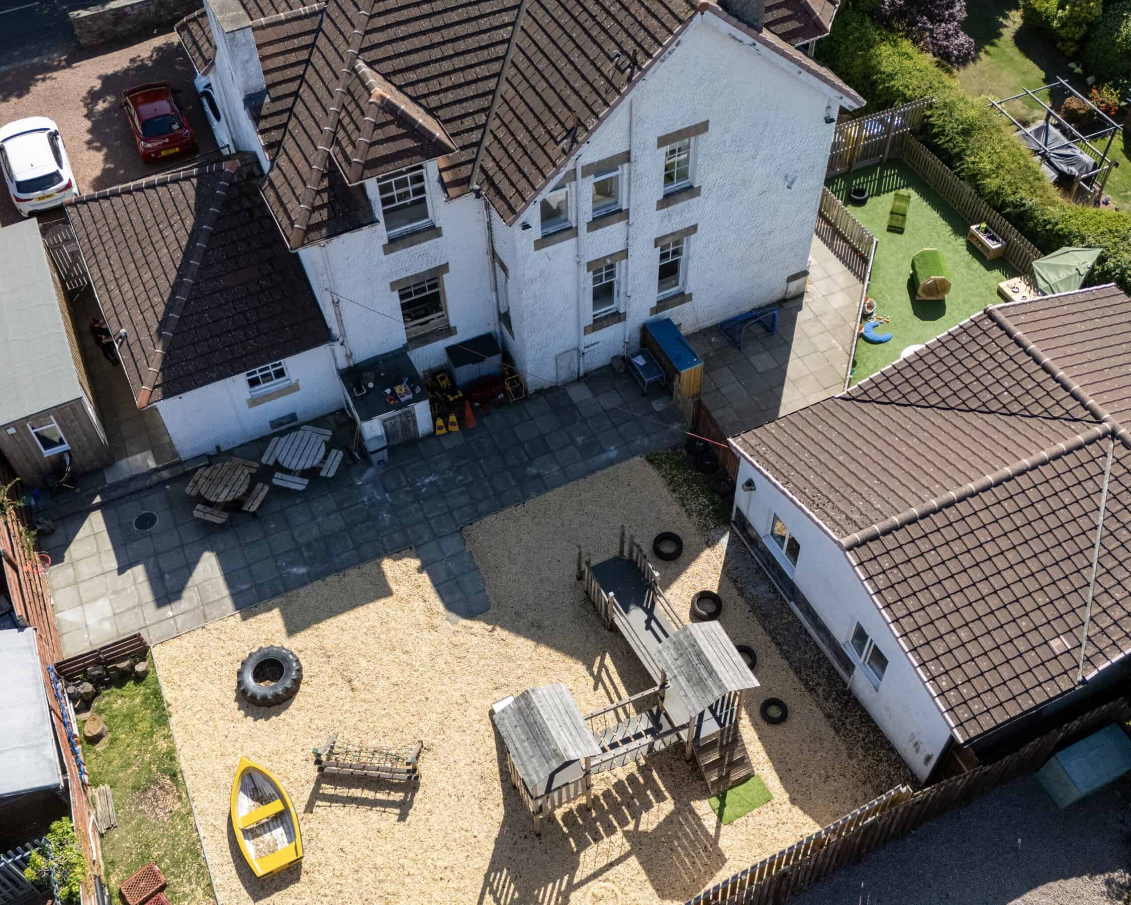 Bright outdoor childcare play area with multi-purpose playground, sandpit, tires, outdoor seating, and green garden, perfect for early childhood development and active play at Thrive Childcare.