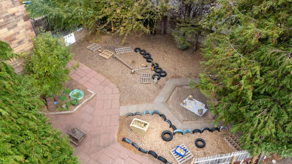 Bright children's outdoor play area with tire obstacle course, wooden pallets, sandpit, and seating area, ideal for early childhood development, outdoor activities, and imaginative play.