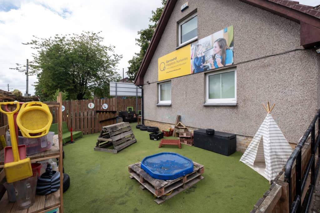 Bright outdoor childcare play area at Thrive Childcare with toys, tents, and sensory play equipment, designed for early childhood education and development in Garterwill.