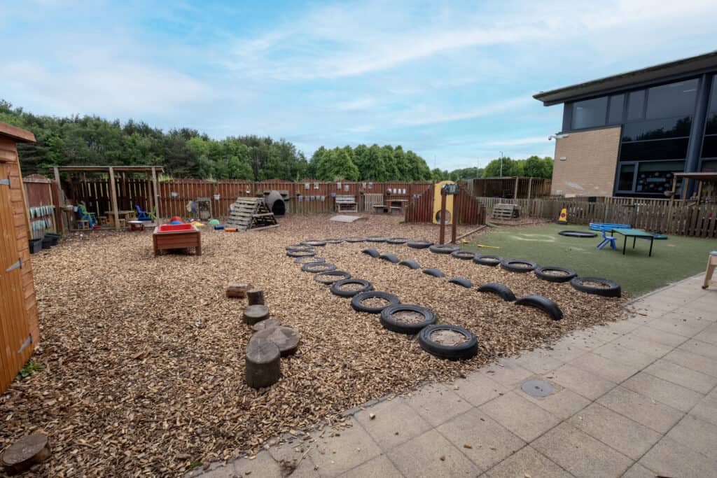 Bright outdoor play area at Thrive Childcare featuring safe toys, climbing structures, and sensory play zones designed for early childhood development and outdoor fun.