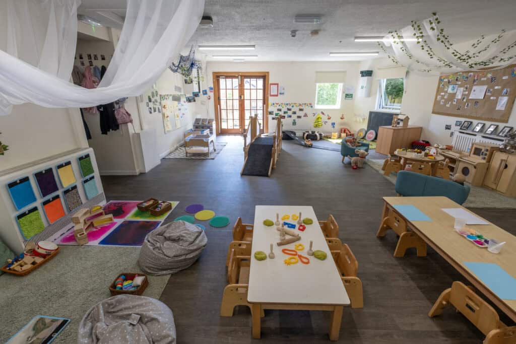 Bright and welcoming childcare classroom at Thrive Childcare, featuring toys, arts and crafts, and play areas designed for early childhood development and learning.