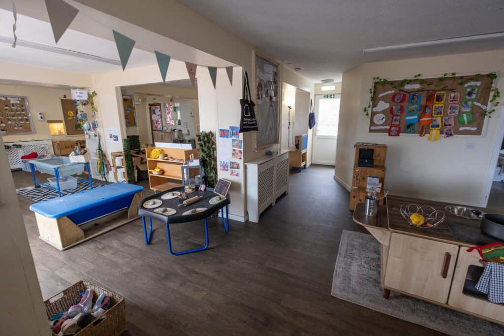 1. Bright indoor kids' playroom with learning areas, toys, and colourful decorations, promoting early childhood development and safe childcare services.