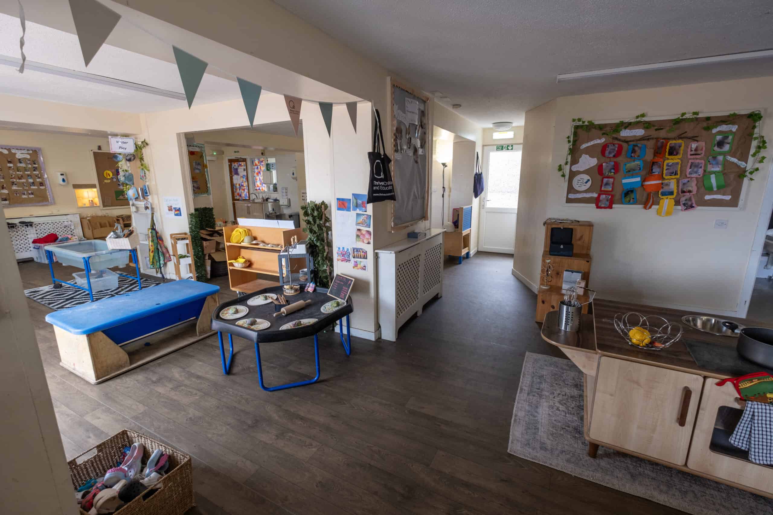 1. Bright indoor kids' playroom with learning areas, toys, and colourful decorations, promoting early childhood development and safe childcare services.