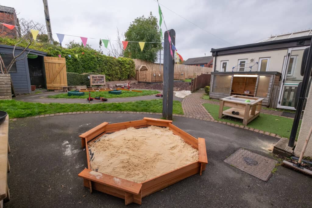 Colourful outdoor play area at Thrive Childcare with sandpit, garden, and play structures for early childhood development and active fun.