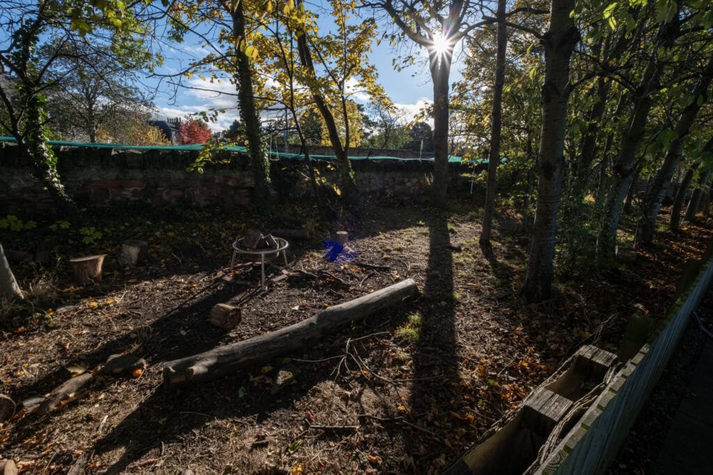 A wooded outdoor play area at Thrive Childcare in autumn, with sunlight filtering through trees, creating shadows on the ground, offering children nature-based learning and play opportunities.