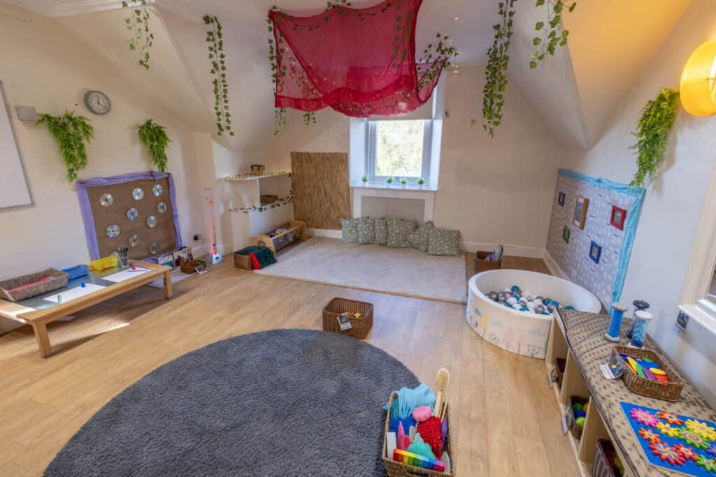 Bright and inviting Thrive Childcare indoor playroom with flexible learning spaces, sensory toys, soft mats, and colourful decor to promote child development and creative play.