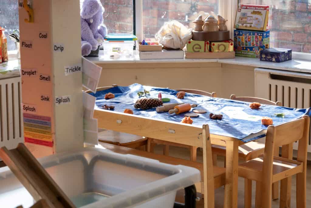 Brightly decorated Toddler Art Area with natural sunlight, colourful toys, and educational materials in a nurturing childcare environment.