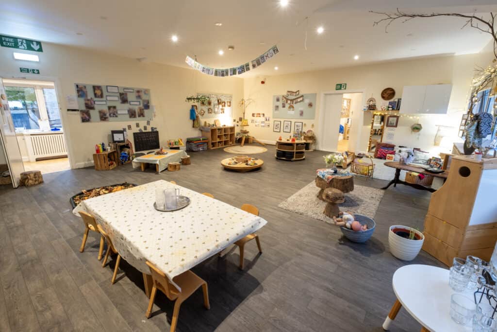 Bright and inviting indoor childcare space at Thrive Childcare with toys, arts and crafts, and comfortable seating areas for children’s learning and play activities.