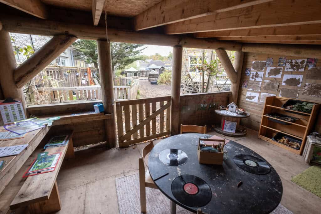 Bright outdoor child playhouse with wooden interior, play tables, art supplies, and nature-themed decor in a childcare setting, ideal for early childhood education and outdoor learning activities.