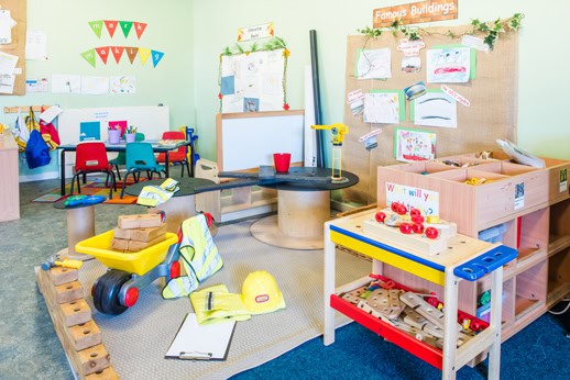 Bright and inviting childcare classroom at Thrive Childcare with colourful learning stations, toys, and educational displays for early childhood development.