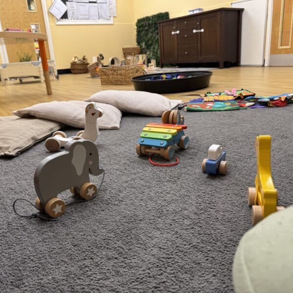Colourful wooden toy animals and a rainbow xylophone in a lively classroom, promoting early childhood development and play at Thrive Childcare, dedicated to nurturing children's growth and learning.