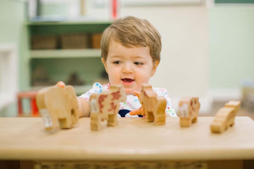 Young child playing with wooden animal toys at Thrive Childcare, promoting early childhood development and learning in a nurturing environment.