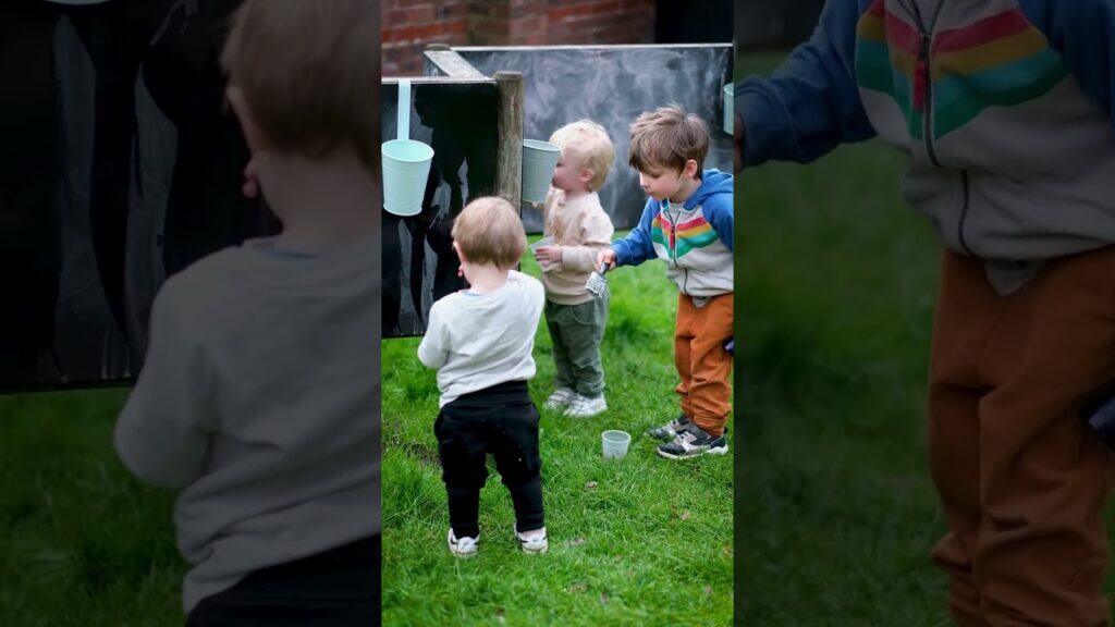 Excited children playing outdoors at Thrive Childcare, engaging in fun and educational activities in a safe, nurturing environment. Perfect for early childhood development and social skills.