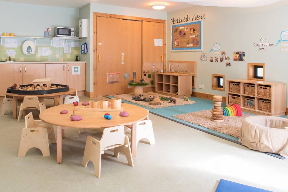 Bright, welcoming childcare classroom at Thrive Childcare with age-appropriate toys, cozy reading nook, and sensory play area, designed to support early childhood development and learning.