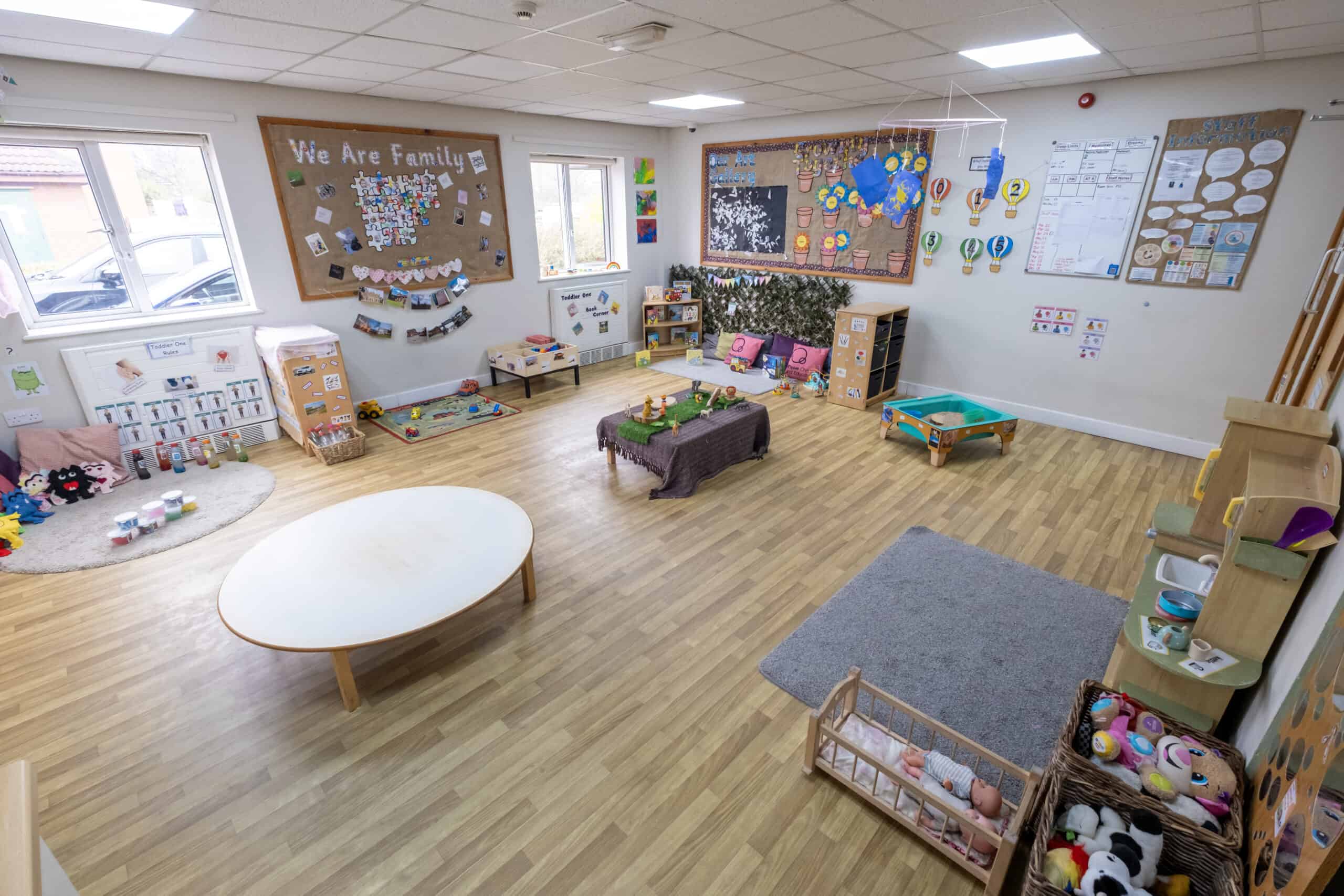 Colourful indoor childcare classroom at Thrive Childcare, filled with toys, play areas, and educational displays, designed to promote early childhood development and family engagement.