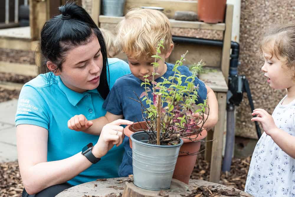 Engaging childcare outdoor activity with caregiver and children planting a small shrub in a garden at Thrive Childcare. Promotes early childhood development and outdoor learning.