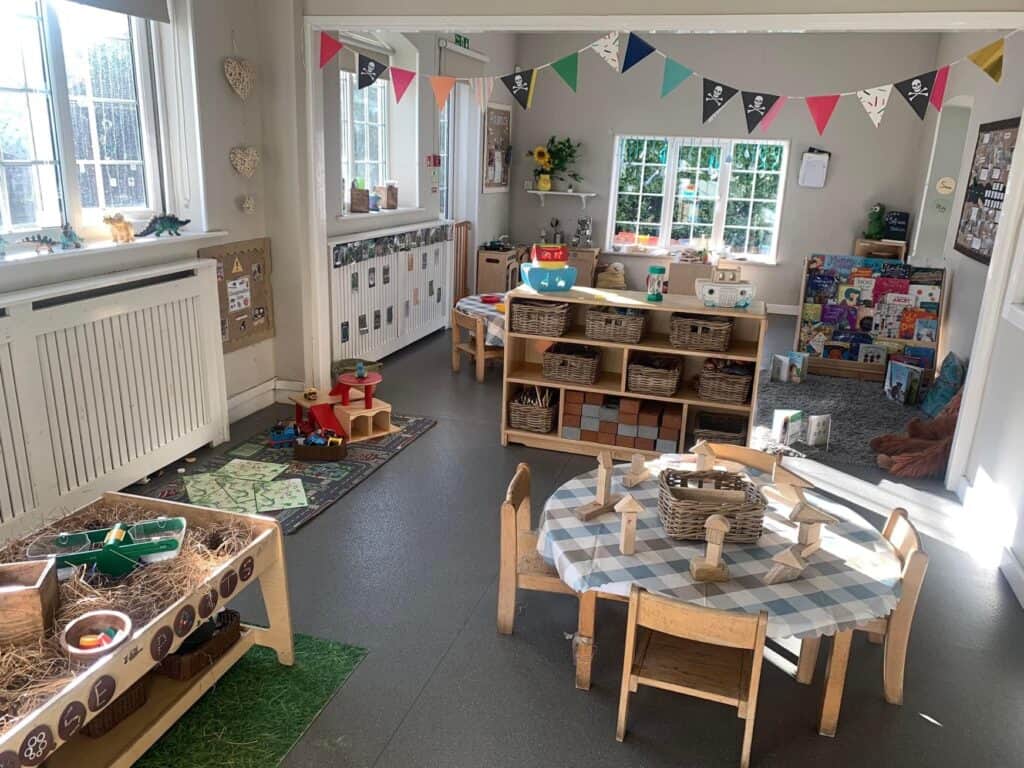 Bright, inviting childcare classroom at Thrive Childcare with natural light, colourful toys, educational materials, and cosy reading corner, designed to foster learning and play for young children.