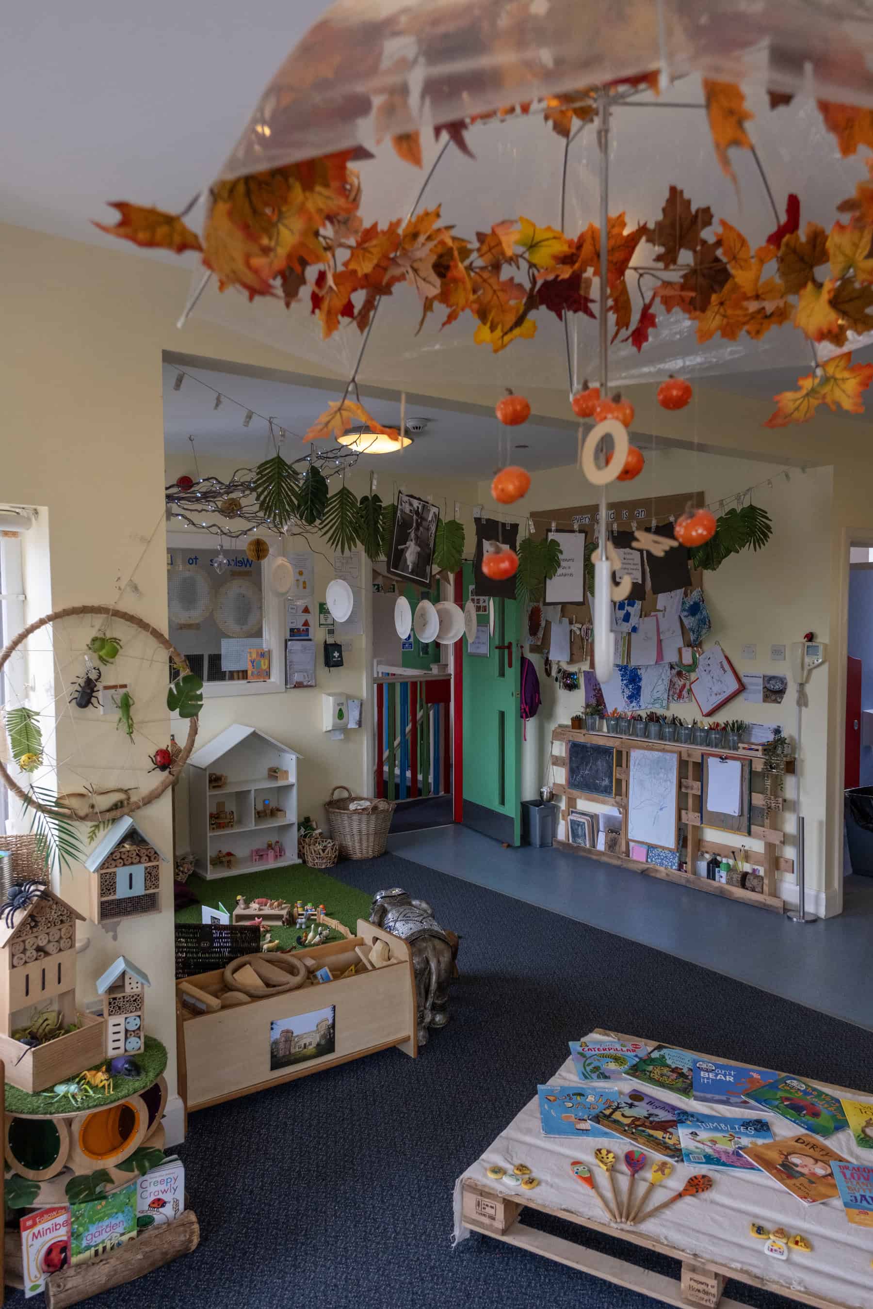 Colourful indoor childcare playroom at Thrive Childcare, featuring educational toys, creative crafts, and nature-inspired decorations for early childhood development.