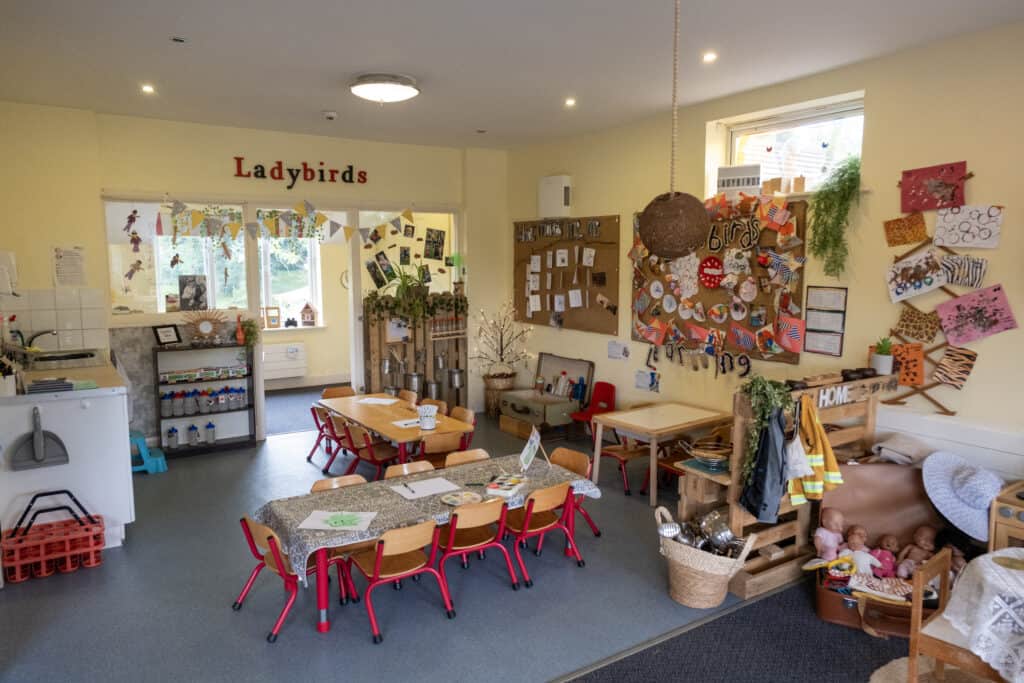 Bright and welcoming childcare classroom at Thrive Childcare featuring colourful wall displays, children's artwork, educational materials, and play areas designed for early childhood development in a safe environment.