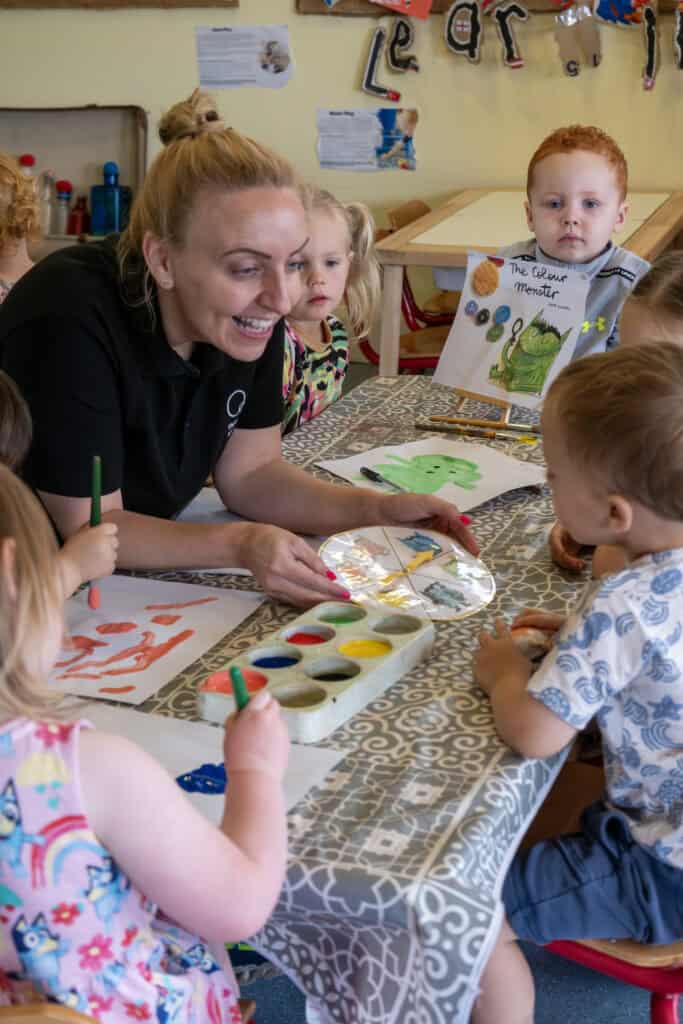Creative preschool art activity at Thrive Childcare, engaging young children in painting and imaginative play, fostering learning and development in a caring childcare environment.