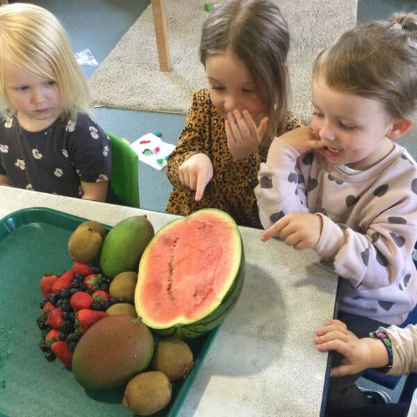 Bright preschool children examining a variety of fresh fruits including watermelon, strawberries, blueberries, and kiwis at Thrive Childcare, promoting healthy eating and sensory play for early childhood development.