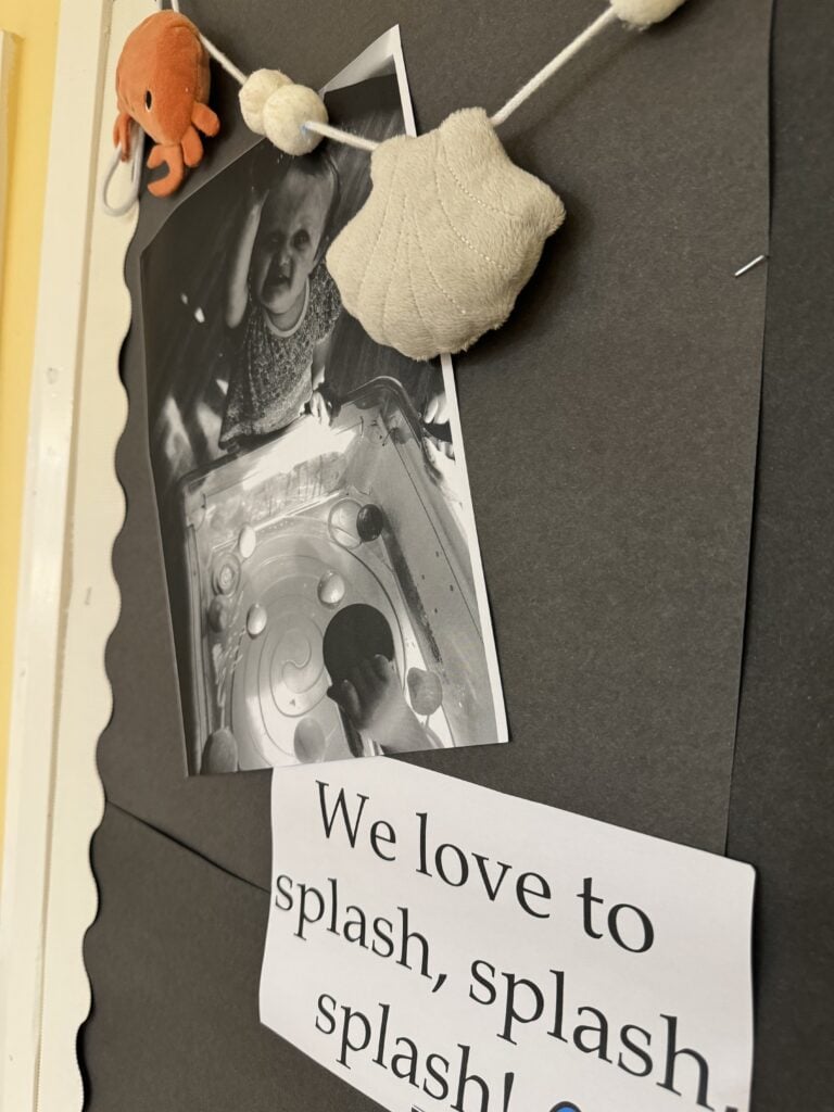 Brightly coloured plush octopus toy and cozy sock with children's water play photos, showcasing fun water play activities at Thrive Childcare, promoting developmental play and early learning.