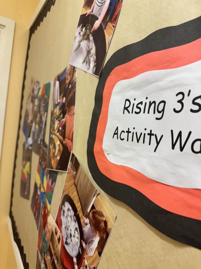 Creative childcare activity wall at Thrive Childcare with photos of children engaged in hands-on learning experiences. Focus on early childhood development, fun activities, and educational play.