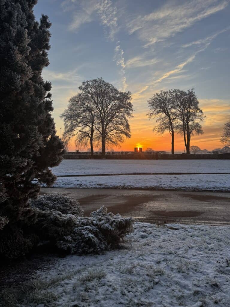 Bright winter sunset over snow-covered park with silhouetted trees and colorful sky, creating a peaceful and natural outdoor environment ideal for childcare and outdoor activities.