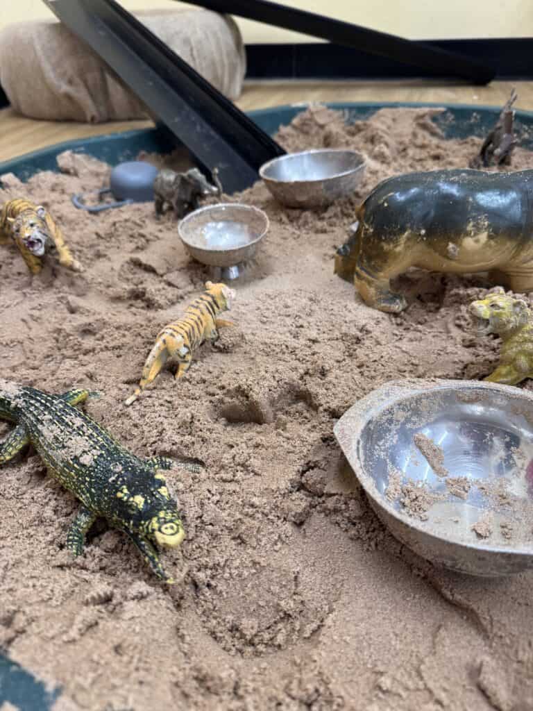 Colourful toy animals on a sandy play table at Thrive Childcare, encouraging imaginative play and sensory development in early childhood education settings.
