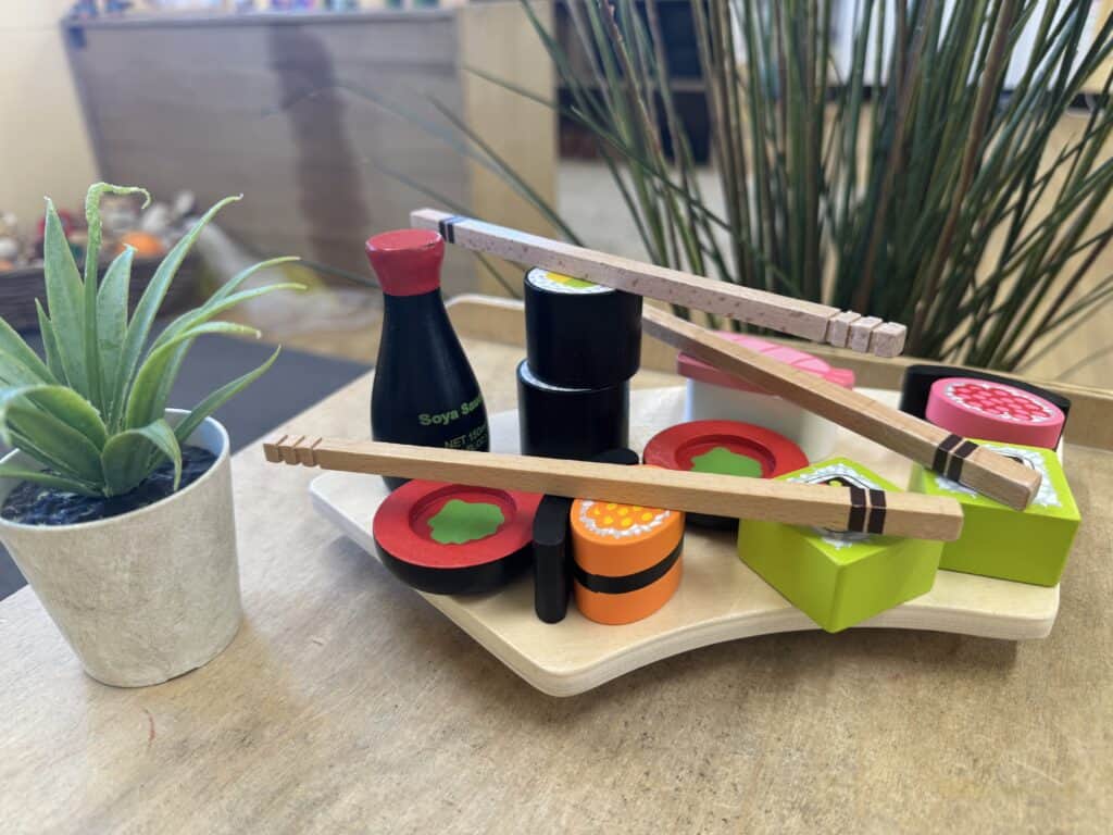Colourful wooden sushi toy set on a tray with a potted green succulent plant, promoting imaginative play at Thrive Childcare, encouraging creativity and fine motor skills in children.