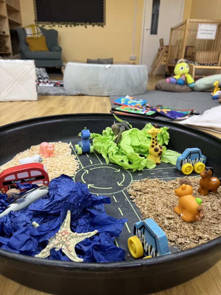 Bright colourful sensory play tray with toys and natural materials, ideal for early childhood development, fostering creativity and exploration in a caring childcare environment.