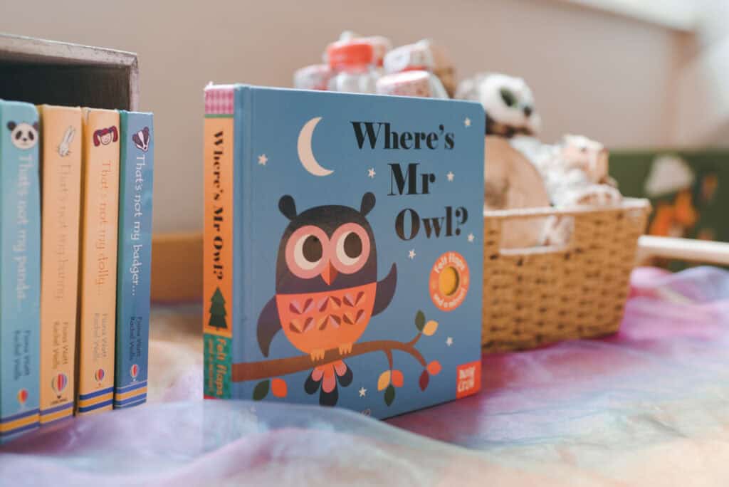 Colourful children’s books with an owl illustration, part of Thrive Childcare’s early learning resources, promoting literacy and storytelling for preschoolers and young children in a nurturing childcare environment.