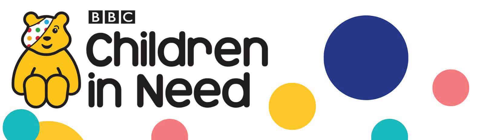 Bright colourful logo of BBC Children in Need featuring a teddy bear with a spotty bandana and various coloured circles to promote children’s charity and support for vulnerable children.