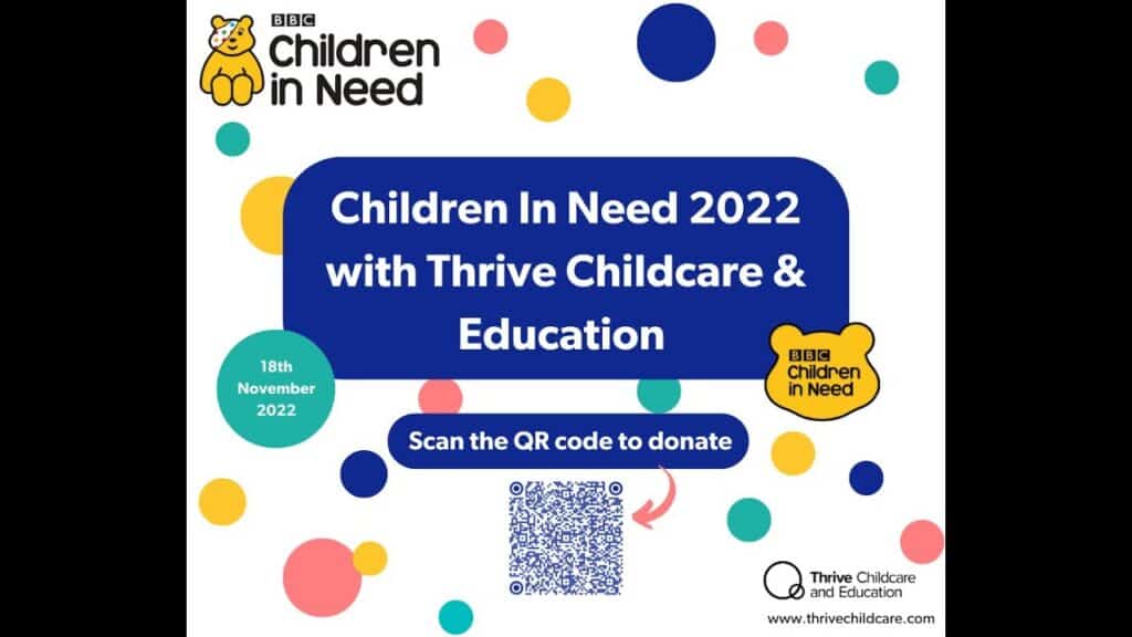 Supporting vulnerable children through Thrive Childcare & Education for Children in Need 2022, encouraging donations via QR code, fostering early development and community support.
