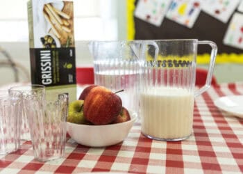 Fresh apples and a glass of milk on a checkered tablecloth at Thrive Childcare, promoting healthy snacks and nutritious meals for children’s growth and development.
