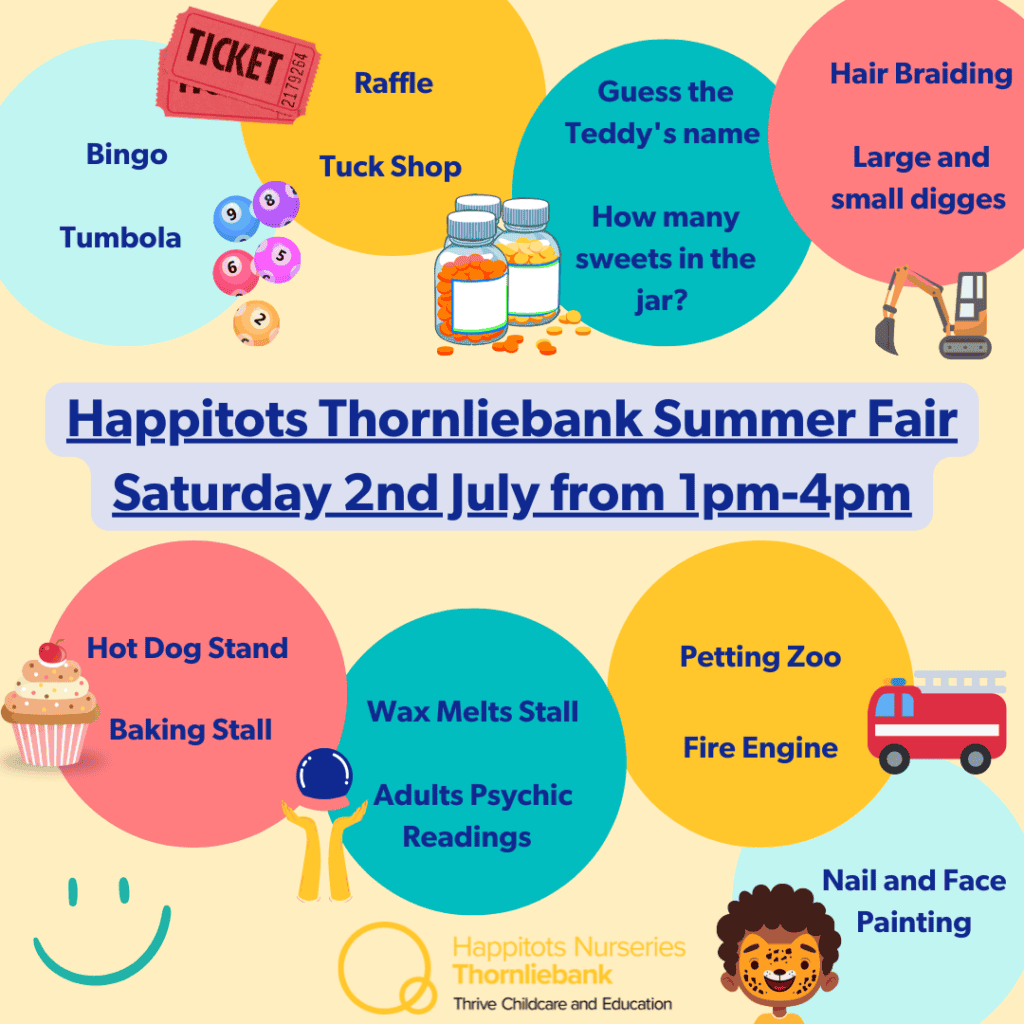 Pink speech bubble with child’s drawing and text, happy birthday cake, event details for summer fair and activities hosted by Thrive Childcare in Thornliebank.